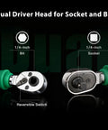 Close-up of dual driver head with 1/4-inch bit and socket from 39 Piece Ratcheting Wrench Set With Mini Sockets Magnetic Screwdrivers Power Bits Universal Joints Spinner Extensions And A Handy Portable Storage Box For Mechanics And Do It Yourself Enthusiasts.