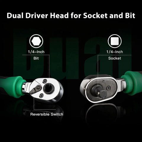 Close-up of dual driver head with 1/4-inch bit and socket from 39 Piece Ratcheting Wrench Set With Mini Sockets Magnetic Screwdrivers Power Bits Universal Joints Spinner Extensions And A Handy Portable Storage Box For Mechanics And Do It Yourself Enthusiasts.