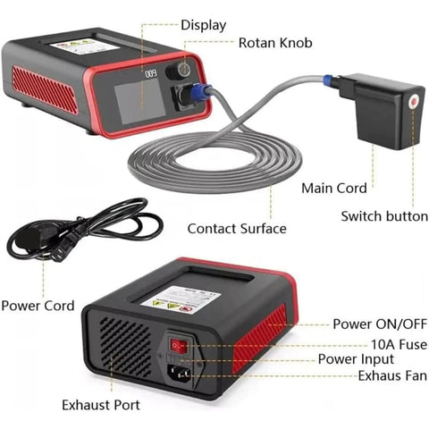 Hot Box Induction Dent Repair Tool with display, rotan knob, main cord, contact surface, and power on/off, shown in detail.