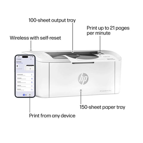 LaserJet M110w Black And White Wireless Printer For Small Teams, Lightning Fast Speeds, Easy Setup shown with mobile printing app