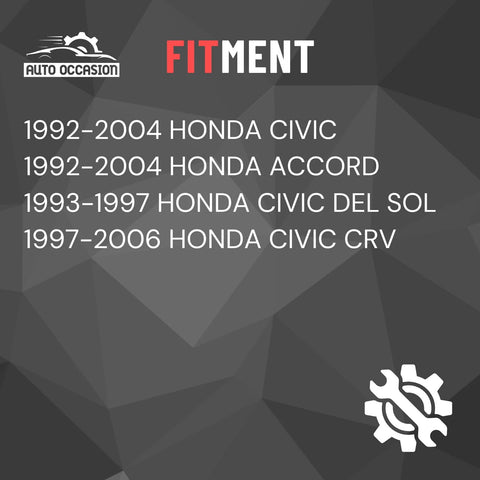 Automotive parts banner with Auto Occasion logo listing fitment for 1992-2004 Honda Civic/Accord, 1993-1997 Civic Del Sol, and 1997-2006 Civic CR-V