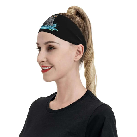 Side view of a woman wearing a Sunglasses Inspired Sweatband Headband And Wristband Set For Workout And Sports Quick Dry Polyester