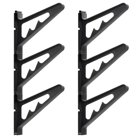 A Badass Skateboard Wall Mount Rack To Keep Your Boards Off The Floor With Adjustable Layers Grabbing Three Decks Securely with two black plastic holders.