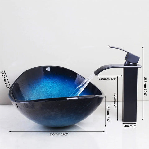 Bathroom Sink Tempered Glass Bathroom Vessel Vanity Sink with modern faucet, blue and black design, 355mm size.