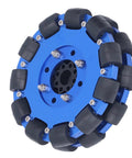 Blue 5-inch omni wheel for robots with aluminum hub, designed for smooth omnidirectional movement on various surfaces.