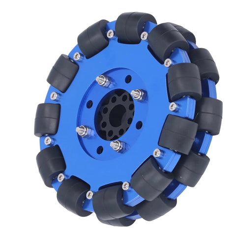 Blue 5-inch omni wheel for robots with aluminum hub, designed for smooth omnidirectional movement on various surfaces.