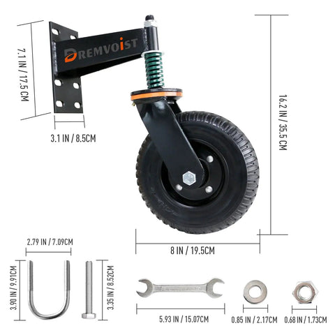 8 Inch Heavy Duty Gate Wheels For Fences And Metal Tube Gates Featuring Spring Loaded 360 Swivel Casters rated for 800 pounds installation kit with parts.