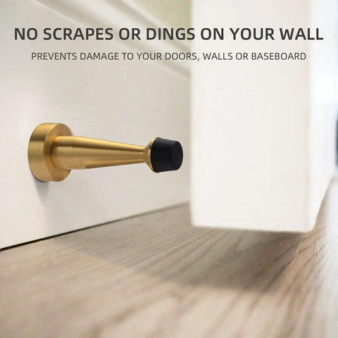 Solid Brass Door Stop With Rubber Bumper Tip, Heavy Duty Door Protector And Wall Guard In Brushed Gold Finish installed on wall