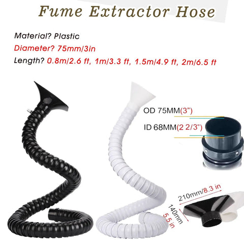 Heavy Duty Flexible Welding Smoke Extractor Hose With Extraction Hood And 68Mm Bore Size For Shops And Salons, showing black and white hoses.