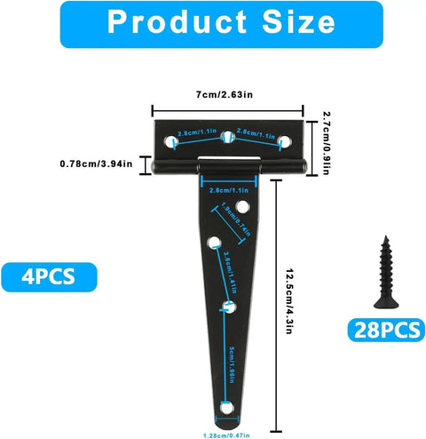 4 Pack 5 Inch T Strap Hinges Heavy Duty Black Outdoor Tee Hinge For Gates And Doors, Weatherproof Corrosion Resistant Iron Construction, Easy Install, Durable Outdoor Hardware Kit For Long Lasting Use, size chart with screws