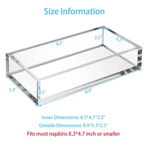 Crystal Clear Acrylic Napkin Holder Tray With 8mm Thick Build, Inner 8.3 By 4.7 By 2.2 Inches, Size Chart Diagram