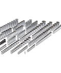 Hella Badass Shop Grade Socket Set Quarter Inch Three Eighths Half Inch Drive Standard And Metric Ratchet Wrench Combo two zero five piece set of chrome sockets arranged in rows.