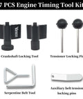 Diesel Engine Camshaft And Crankshaft Alignment Locking Timing Tool Kit For Volkswagen Audi Seat Skoda 1 9L 2 0L TDI PD DOHC Diesel Engines 7 Piece Set DIY Friendly For Precise Timing Smooth Assembly And Quick Engine Service showing crankshaft locking tool, tensioner locking pins, serpentine belt tool, auxiliary belt tension locking pins.