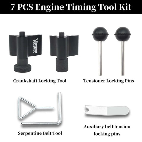 Diesel Engine Camshaft And Crankshaft Alignment Locking Timing Tool Kit For Volkswagen Audi Seat Skoda 1 9L 2 0L TDI PD DOHC Diesel Engines 7 Piece Set DIY Friendly For Precise Timing Smooth Assembly And Quick Engine Service showing crankshaft locking tool, tensioner locking pins, serpentine belt tool, auxiliary belt tension locking pins.