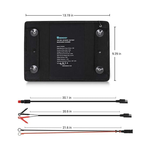 10W Solar Trickle Charger Portable Battery Maintainer with SAE Quick Connection and three terminal options shown with dimensions.