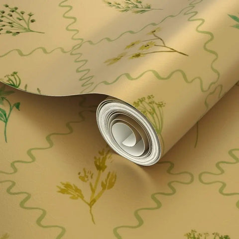 Level Up Your Interiors With This Stunning Cottage Floral Gold Metallic Wallpaper Showcasing Rich Fibrous Texture And Effortless Paste Application For Ultimate Room Refresh Vibes, rolled portrait with floral prints.