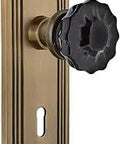 Crystal Black Glass Door Knob With Deco Plate Non Locking Passage Set 2 3/8 Inch Backset Antique Brass Finish Complete Old School Charm