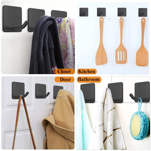 Heavy Duty Adhesive Towel Hooks No Drill Wall Hangers Stick On Shower Hooks For Bathroom Kitchen Door Black 4 Pack Holds Up To 15 Lbs Stainless Steel Rust Resistant Surface Safe Quick Install