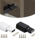 Push To Open Cabinet Catch With 25 Lbs Magnetic Hold, black and white latch shown with screws and plates