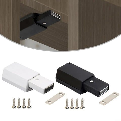 Push To Open Cabinet Catch With 25 Lbs Magnetic Hold, black and white latch shown with screws and plates