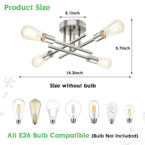 4 Light Dope Modern Industrial Sputnik Ceiling Light Fixture In Brushed Nickel Semi Flush Mount with bulb compatibility diagram