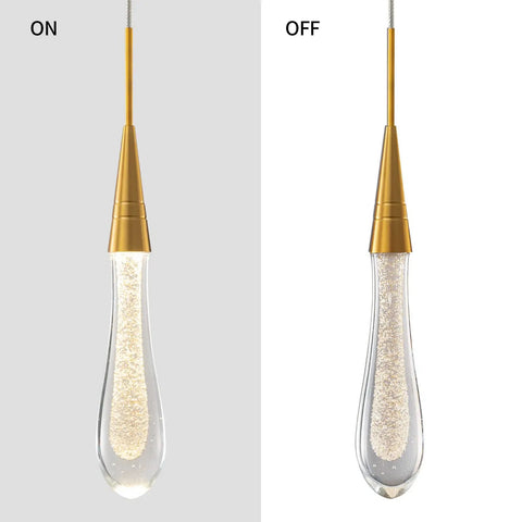 Gold Brushed Brass Teardrop Crystal Pendant Lights 3-Pack showing both on and off states, dimmable LED for kitchen island or hallway