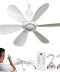 Kick Serious Summer Swelter With This Travel Foldable Ceiling Fan For Cruise Cabins And Campers showing six blades and remote control.