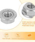 Top Notch Serrated Flange Hex Lock Nuts 50 Pack Crafted From Durably Strong 304 Stainless Steel Full Thread Non Slip Fasteners With A Slick Bright Silver Finish For Every Rig And Project, showcasing serrated design and shiny surface.
