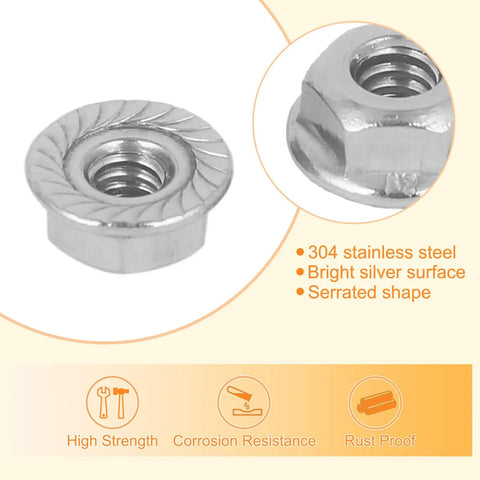 Top Notch Serrated Flange Hex Lock Nuts 50 Pack Crafted From Durably Strong 304 Stainless Steel Full Thread Non Slip Fasteners With A Slick Bright Silver Finish For Every Rig And Project, showcasing serrated design and shiny surface.