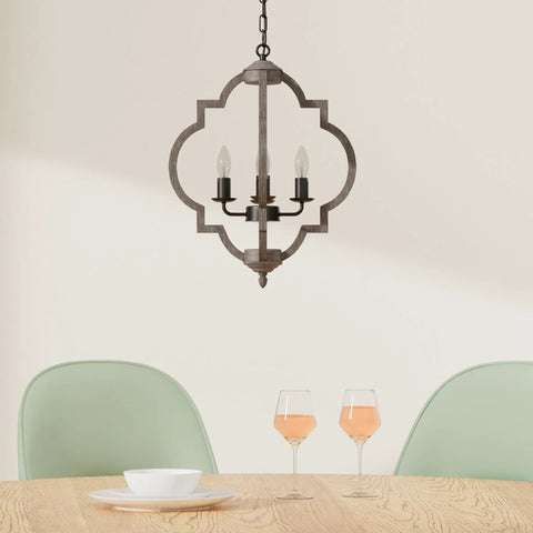 Dope Four Light Farmhouse Wood Chandelier With Rustic Orb Pendant Lighting Fixture above dining table with wine glasses