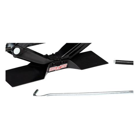 Battle Ready 1.5 Ton Scissor Car Jack With Drop Forged Aluminum Frame, compact base shown with tools for quick tire swaps.