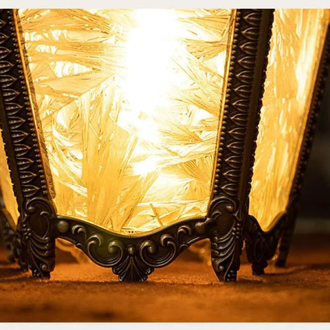 Cool Copper Pendant Light With Ice Crack Glass Lantern showing ornate copper frame and detailed ice crack glass lampshade glow