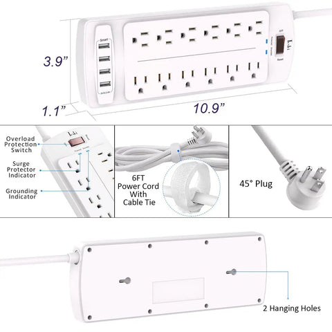 12 Outlet Power Strip With 4 USB Ports, 6 Ft Heavy Duty Extension Cord, 2700 Joules Surge Protector With Overload Protection illustrations.