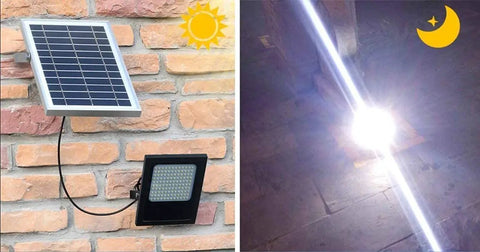 Spot Lighting Solar Floodlight Outdoor 120 Led Remote Control Solar Ga, solar panel mounted on a brick wall with floodlight.