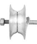 Side view of a 5 Inch Steel Sliding Track Rollers For One And Five Eighths Inch Gate Frame Galvanized Gate Roller 2 Pack Replacement