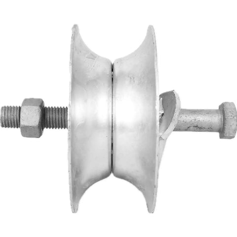 Side view of a 5 Inch Steel Sliding Track Rollers For One And Five Eighths Inch Gate Frame Galvanized Gate Roller 2 Pack Replacement