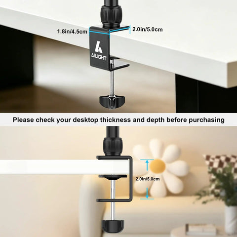 Close-up of overhead desk camera mount rig with C clamp fitting desk edge, showcasing dimensions for desk compatibility.