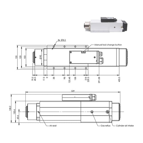 Heavy Duty 6Kw CNC Router Spindle With Automatic Tool Changer Air Cooled Motor Dual Voltage 220V And 380V design and dimensions drawing