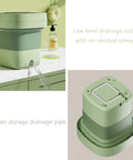 Ridiculously Compact Ten Liter Foldable Mini Washing Machine featuring low drainage outlet and hidden storage pipe design.