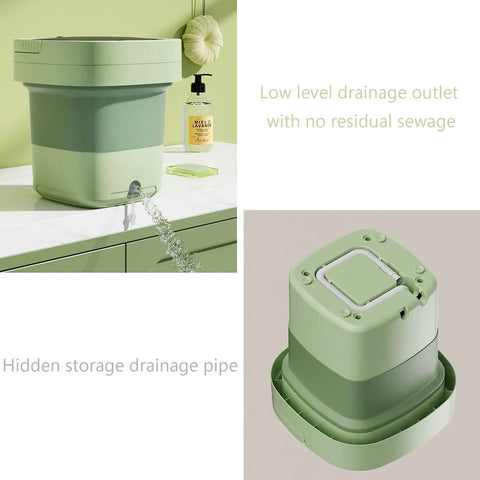 Ridiculously Compact Ten Liter Foldable Mini Washing Machine featuring low drainage outlet and hidden storage pipe design.