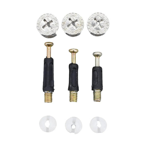 Cam Lock Connectors M6 Set for Flat Pack Furniture, showing cam, screw bolt, and decorative cap in a three-piece arrangement