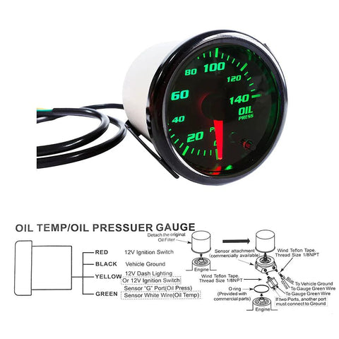 Oil pressure gauge with sensor, 52mm dial, green LED display, 0–140 PSI, 2'' gauge
