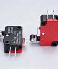 6 Pack Micro Limit Switches With Short Hinge Roller Lever Arm, SPDT 1NO 1NC, Push Button Actuator, For Arduino Projects, Model V-155-1C25, 4 X 2.3 X 1.1 Cm, DC 0.6A125V And 0.3A250V, Red Black Silver, two-view