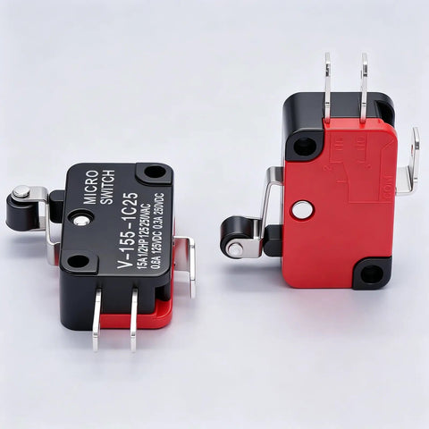 6 Pack Micro Limit Switches With Short Hinge Roller Lever Arm, SPDT 1NO 1NC, Push Button Actuator, For Arduino Projects, Model V-155-1C25, 4 X 2.3 X 1.1 Cm, DC 0.6A125V And 0.3A250V, Red Black Silver, two-view