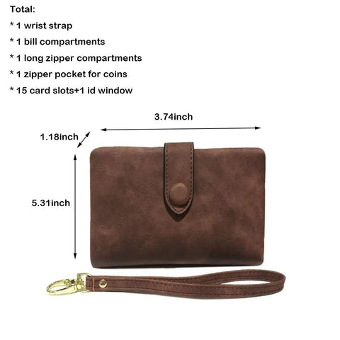 Must Have Women's Small Bifold Leather Wallet With RFID Blocking And Wristlet Strap in brown, front view with dimensions.
