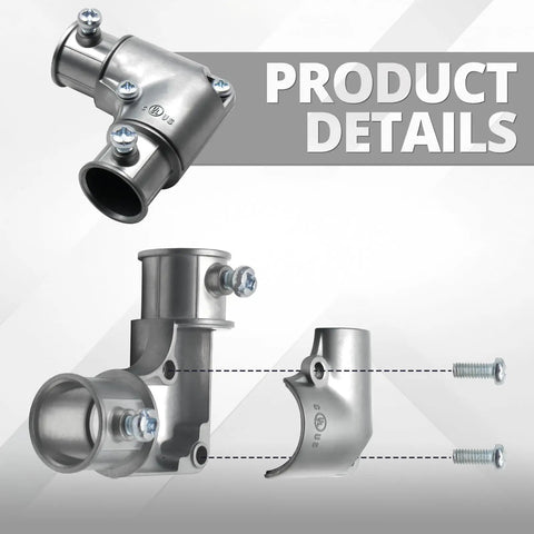 Five Pack One Half Inch EMT Fittings 90 Degree Inside Corner Pull Elbows Heavy Duty Galvanized Steel Conduit Adapters close-up view.