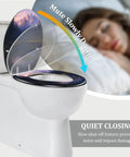 Elongated Resin Toilet Seat for Bathroom with quiet closing feature, shown on toilet with stunning landscape design.