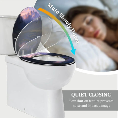 Elongated Resin Toilet Seat for Bathroom with quiet closing feature, shown on toilet with stunning landscape design.