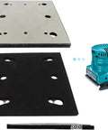 Top Shelf Quarter Sheet Sander Pad Featuring Six Rapid Dust Extraction Holes And Super Sticky Pressure Sensitive Adhesive displayed above a sander.