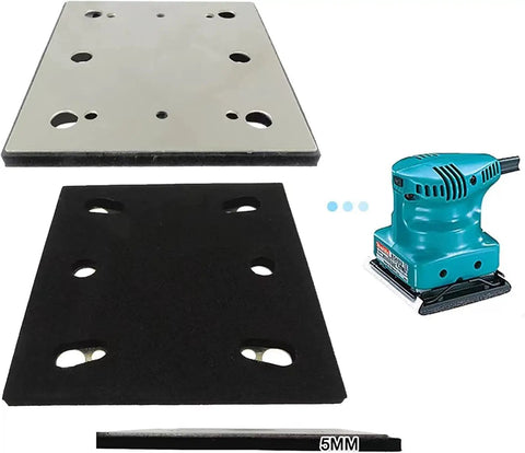 Top Shelf Quarter Sheet Sander Pad Featuring Six Rapid Dust Extraction Holes And Super Sticky Pressure Sensitive Adhesive displayed above a sander.